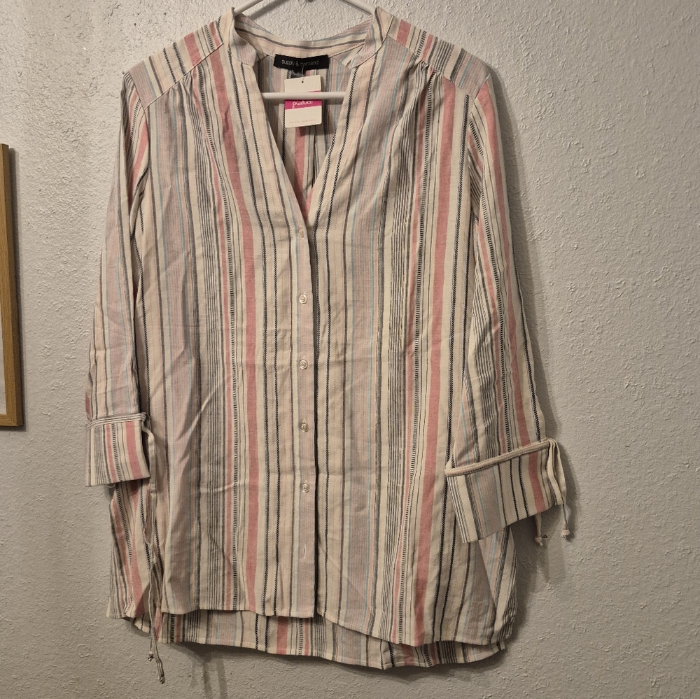 Pink and Gray 3/4 Sleeve Boxy Blouse with Mandarin Collar